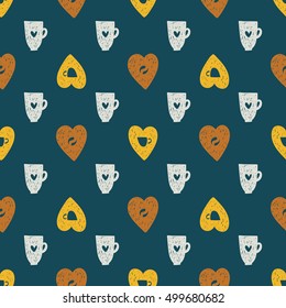 Hand drawn doodle vector seamless coffee cup and bean heart pattern for wrapping and textile
