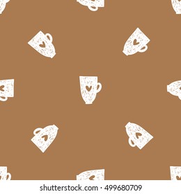 Hand drawn doodle vector seamless coffee cup pattern for wrapping and textile