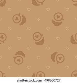 Hand drawn doodle vector seamless coffee and croissant pattern for wrapping and textile