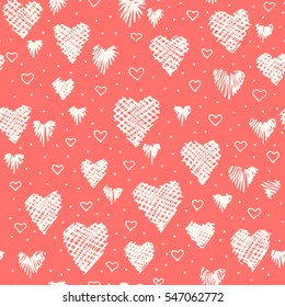 Hand drawn doodle vector seamless background pattern with hearts. Bright backdrop for wrapping paper, greeting cards, posters, invitation, wedding and Valentines cards.