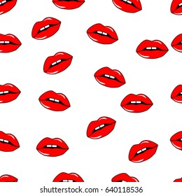 Diseño transparente vectorial de doodle dibujado a mano - Los labios dulces. Los labios de cierre rojos femeninos. Maquillaje y fondo de moda en estilo de los años 80-90.