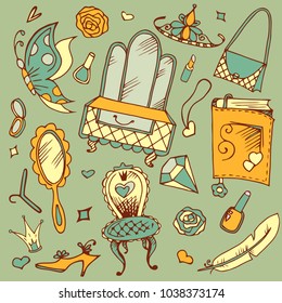 Hand drawn doodle vector set of girl's accessories. Modern princess icons. Girlish set. Isolated vector objects.