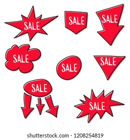 Hand drawn  doodle vector set of  red sale tag.