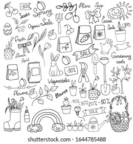 Hand drawn doodle vector set of spring symbols: gardening tools, plant, banners, seeds, rabbit, lettering. blak outlines isolated on white. Elements for seasonal design, plant shops, printed materials