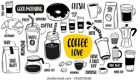 Hand Drawn Doodle Vector Set Of Coffee.