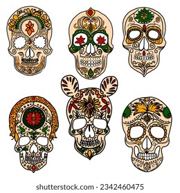 Hand drawn doodle vector set of skulls. El Dia de Muertos Mexican festival. Day of the Dead collection.