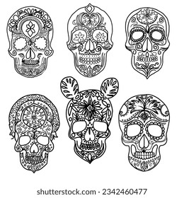 Hand drawn doodle vector set of skulls. El Dia de Muertos Mexican festival. Day of the Dead collection.