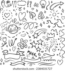 Hand drawn doodle vector set. Decorative doodles. Hand drawn pointing arrow, outline shapes and doodle frames. Ink signs decoration ornament, line curved arrow, heart and circle sketch isolated vector