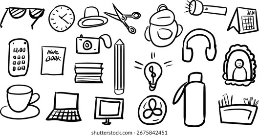 Conjunto de Vector de doodle dibujado a mano de elementos esenciales diarios que incluyen papelería, gadgets, moda e íconos de estilo de vida. Ilustración de boceto minimalista de moda para diseño, educación y proyectos creativos.