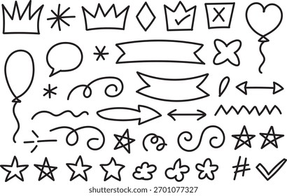 Dibujado a mano Doodle Vector Set Lindo Sketch Iconos Coronas Estrellas Flechas Anuncios y símbolos de la diversión