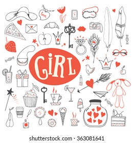 Hand drawn doodle vector set of girl's accessories. Modern princess icons. Girlish set. Isolated vector objects.