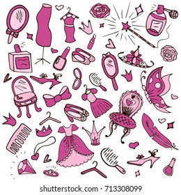 Hand drawn doodle vector set of girl's accessories. Modern princess icons. Girlish set. Isolated vector objects.