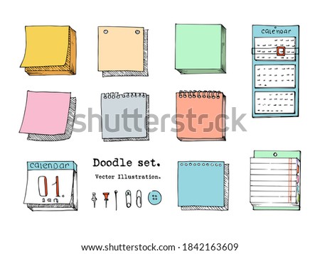 Hand drawn doodle vector set of sticky note, paper sheet, pack of paper, memo, calendar, notepad page with pin, binder. Cartoon style illustration. Collection of doodle icons . Sketch School
