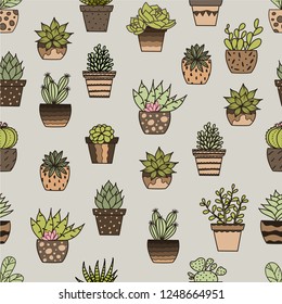Hand drawn doodle vector with succulents. Seamless pattern.