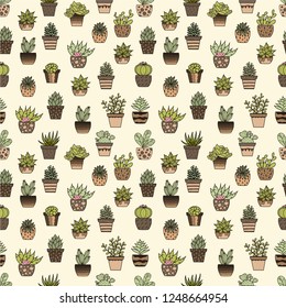 Hand drawn doodle vector with succulents. Seamless pattern.