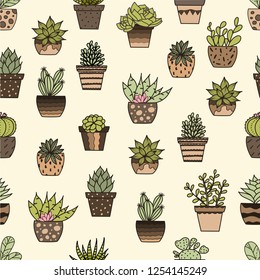 Hand drawn doodle vector with succulents. Seamless pattern.