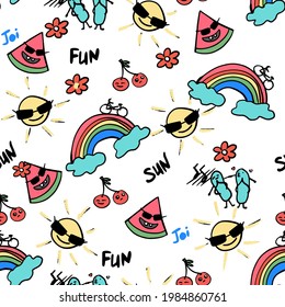 hand drawn doodle  vector summer seamless pattern with rainbow watermelon and sun