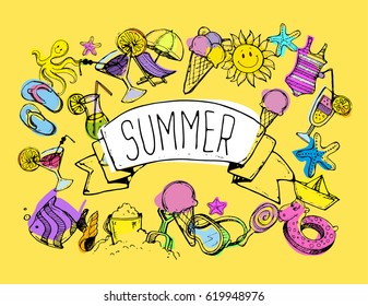Hand drawn doodle vector summer banner. Summer template banner. Vector illustration.
