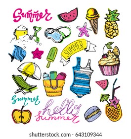 Hand drawn doodle vector summer banner. Summer template banner. Hello, summer! Vector illustration.