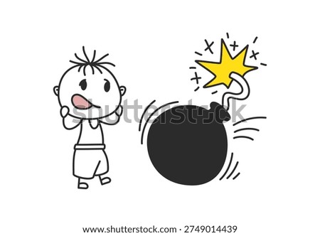 Hand drawn doodle vector of a surprised stick figure boy with a lit cartoon bomb. Cute comic style illustration for danger, warning, risk, surprise and humor concepts.