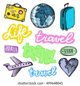 Hand drawn doodle  vector travel set. Vector illustration.