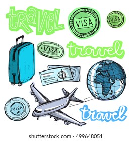 Hand drawn doodle  vector travel set. Vector illustration.