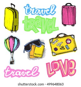 Hand drawn doodle  vector travel set. Vector illustration.
