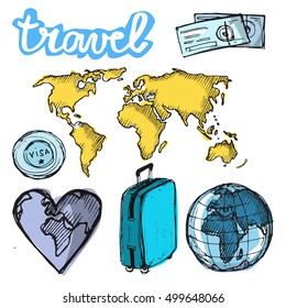 Hand drawn doodle  vector travel set. Vector illustration.