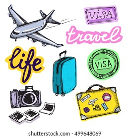 Hand drawn doodle  vector travel set. Vector illustration.