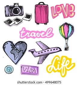 Hand drawn doodle  vector travel set. Vector illustration.