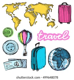 Hand drawn doodle  vector travel set. Vector illustration.