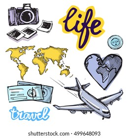 Hand drawn doodle  vector travel set. Vector illustration.