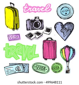 Hand drawn doodle  vector travel set. Vector illustration.