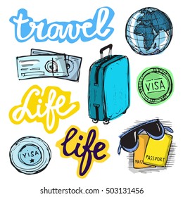 Hand drawn doodle vector travel set. Vector illustration.