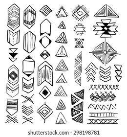 Hand drawn doodle vector tribal elements set (vol. 8 of 9). Decorative native american aztec symbols and geometric signs - triangle, arrows. Black silhouettes isolated on white. 
