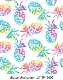 Hand drawn doodle vector tropical fruit pattern background - pineapple