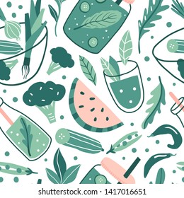 Hand drawn doodle vegan seamless pattern. Greens, fruit and vegetable. Vegetarian detox healthy food: juice, smoothie, fresh. Vector texture. Cute onion, arugula, peas, cucumber, broccoli, watermelon