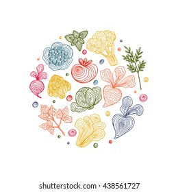 Hand Drawn Doodle Vegetable icons with spiral pattern Vector Set. Abstract striped different Colorful veggies.