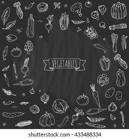 Hand drawn doodle vegetables icons set Vector illustration seasonal harvest symbols collection Cartoon different kinds of fresh food Various types of vegan nutrition on blackboard background Sketch