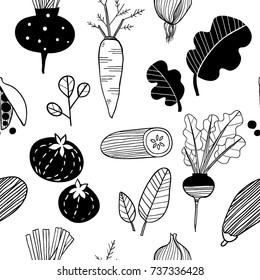 Hand drawn doodle vegetables. Sketch style vector seamless pattern. Vegetables flat icons background: cucumber, carrot, onion, tomato. 