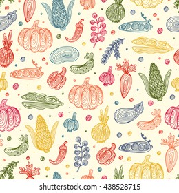 Hand Drawn Doodle Vegetables with spiral pattern Seamless pattern. Abstract striped different Colorful veggies. 