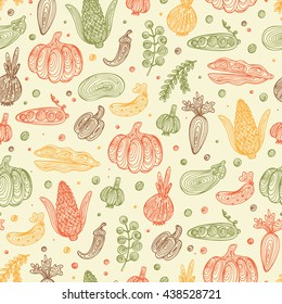 Hand Drawn Doodle Vegetables with spiral pattern Seamless pattern. Abstract striped different Retro color veggies. 