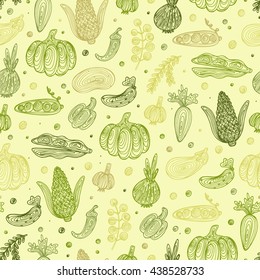 Hand Drawn Doodle Vegetables with spiral pattern Seamless pattern. Abstract striped different Green veggies. 