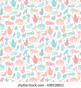 Hand Drawn Doodle Vegetables with spiral pattern Seamless pattern. Abstract striped different Blue Pink veggies. 