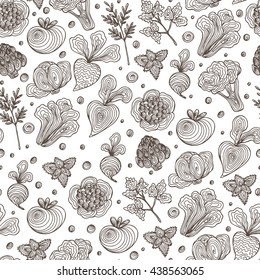 Hand Drawn Doodle Vegetables with spiral pattern Seamless background. Abstract striped different Black and white veggies. 