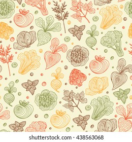 Hand Drawn Doodle Vegetables with spiral pattern Seamless background. Abstract striped different Retro color veggies. 