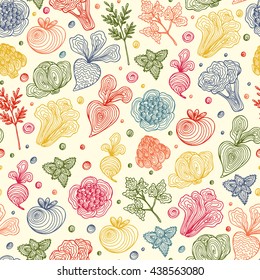Hand Drawn Doodle Vegetables with spiral pattern Seamless background. Abstract striped different Colorful veggies. 