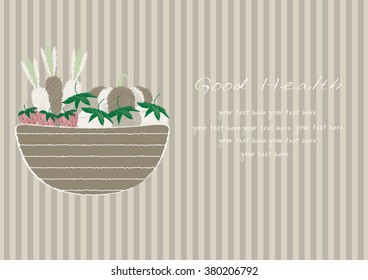 Hand drawn doodle Vegetables and wicker basket on brown stripe backgrounds,Vector illustrations