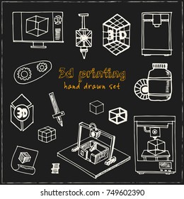 Hand drawn doodle video 3d printing set. Vector illustration. Isolated elements on chalkboard background. Symbol collection.