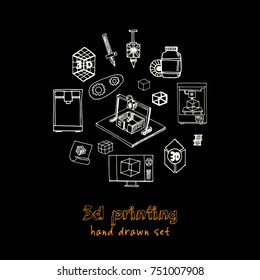 Hand drawn doodle video 3d printing set. Vector illustration. Isolated elements on chalkboard background. Symbol collection.